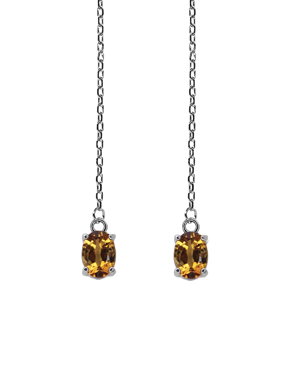 Aretes en plata .925 con baño en rodio blanco con piedra de citrinos naturales en forma oval con vista frontal