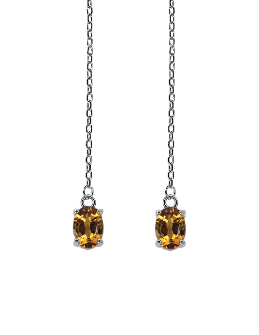 Aretes en plata .925 con baño en rodio blanco con piedra de citrinos naturales en forma oval con vista frontal