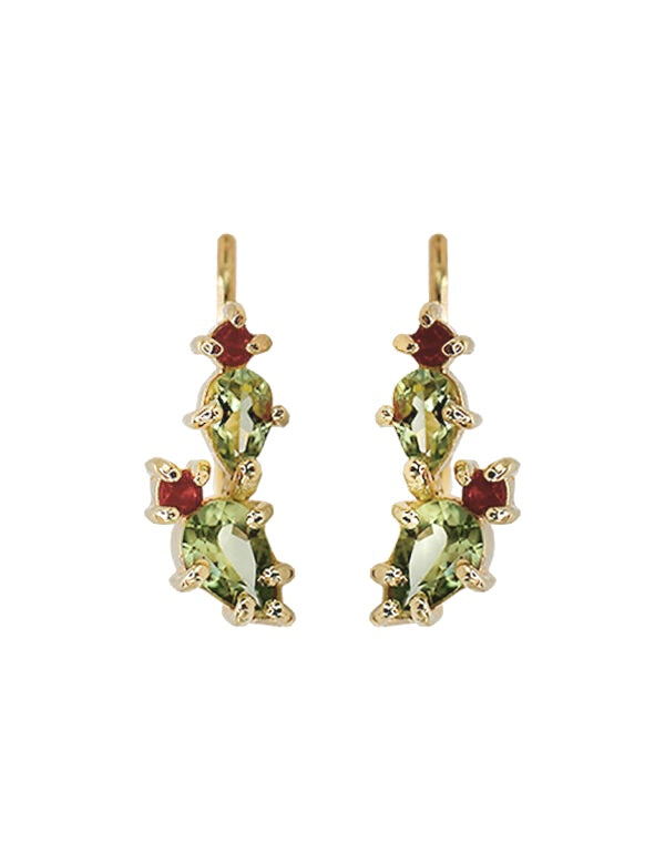Aretes nopal en plata .925 con piedras naturales peridoto y granates