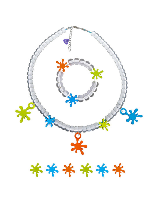 Set splash con pulsera, 3 pares de aretes y collar con charms intercambiables en formas splash colores naranja, verde limon y azul