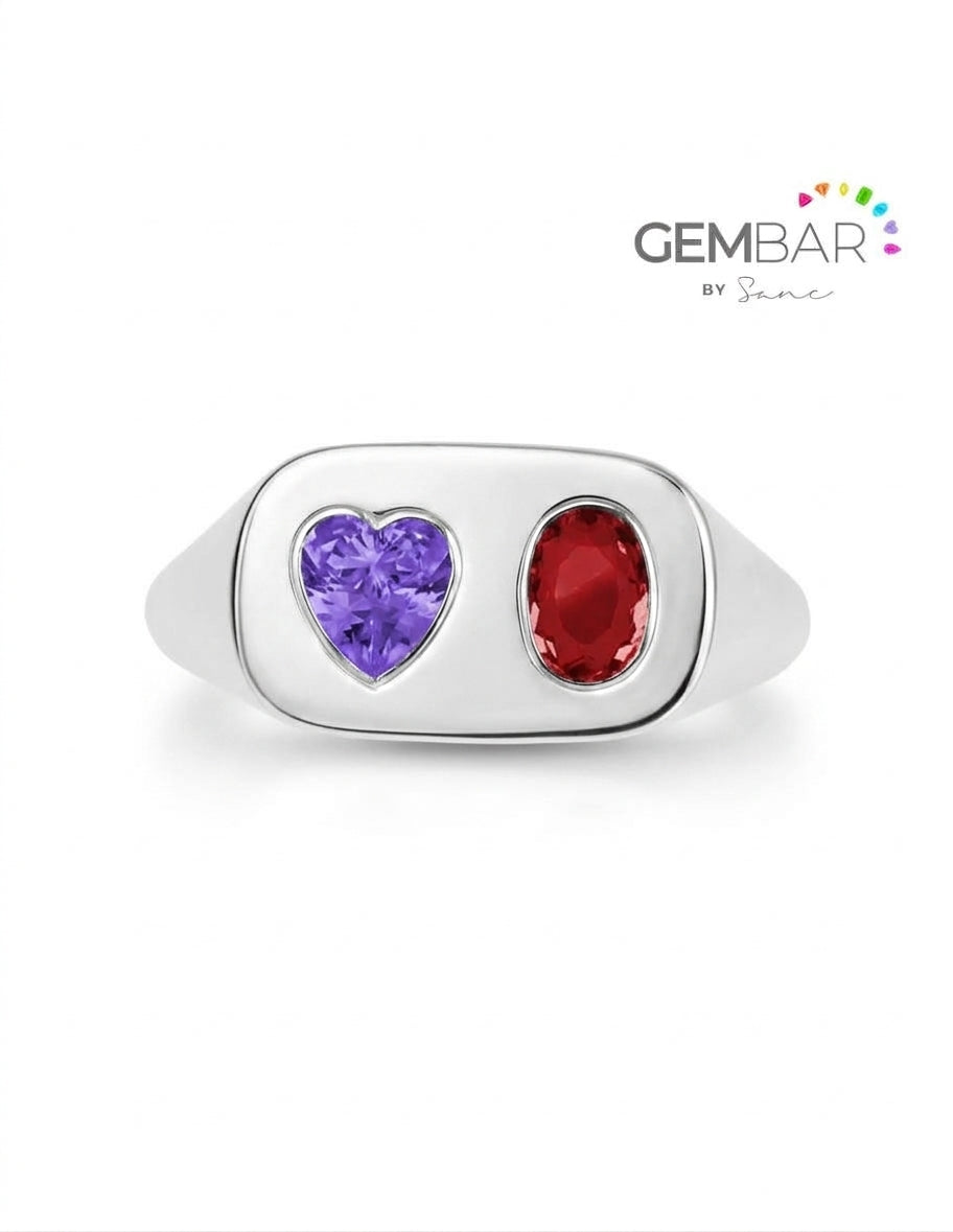 anillo pinky en plata con rodio blanco con piedras forma corazon tanzanita y oval rubi