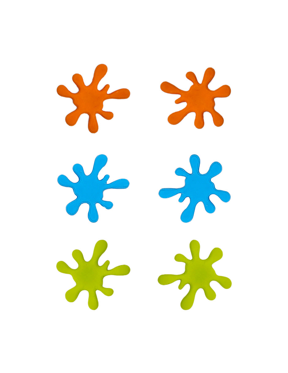 3 pares de aretes en formas splash colores naranja, verde limon y azul