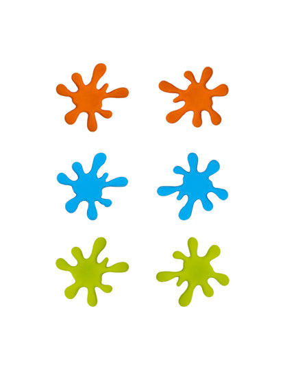 3 pares de aretes en formas splash colores naranja, verde limon y azul