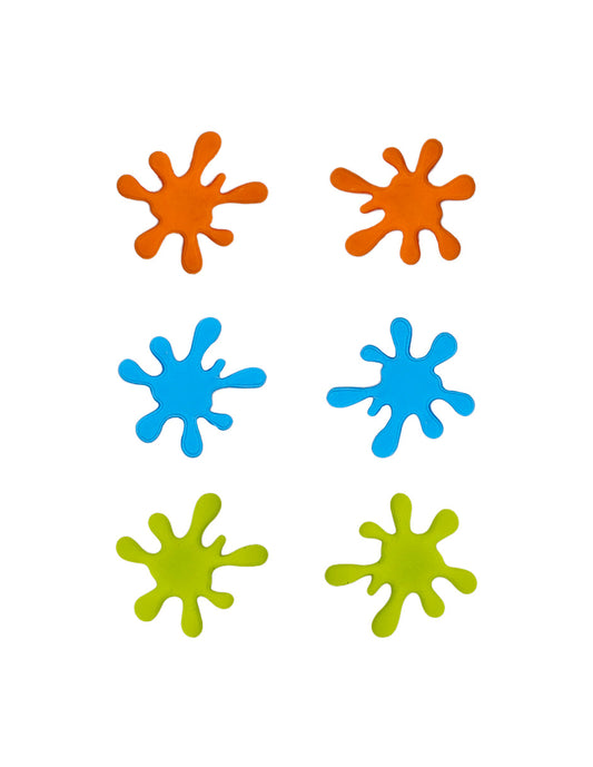 3 pares de aretes en formas splash colores naranja, verde limon y azul