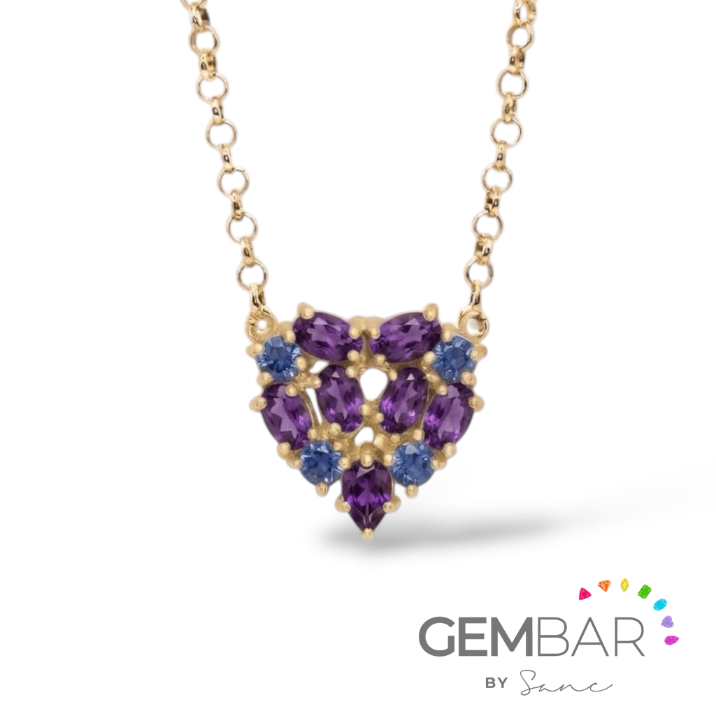 collar mini corazon para personalizar en plata .925 o con baño en oro de 14k con piedras naturales como esmeralda, zafiro azul, rubí.
