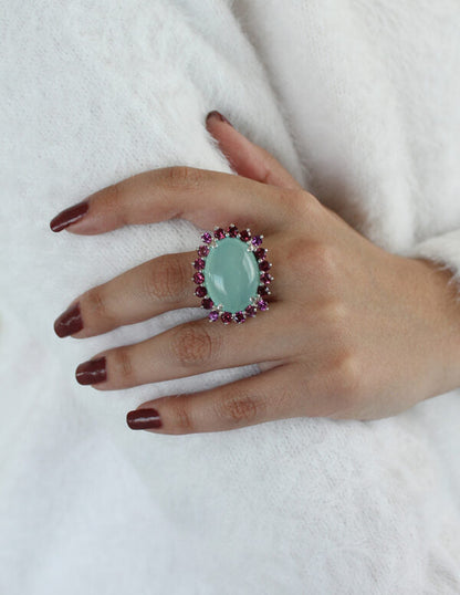 Anillo Raquel Calcedonia Azul y rodolitas plata Sancjewelry