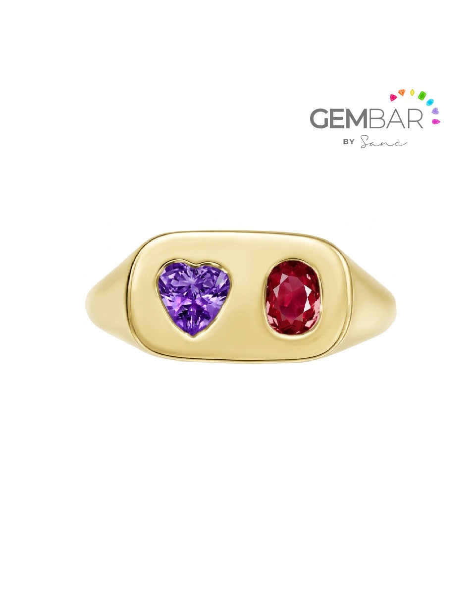 anillo pinky en oro con piedras forma corazon tanzanita y oval rubi