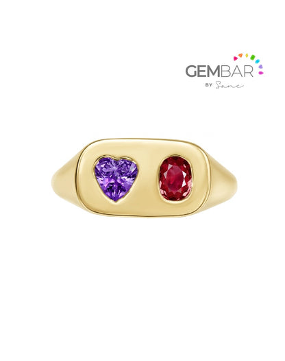 anillo pinky en oro con piedras forma corazon tanzanita y oval rubi
