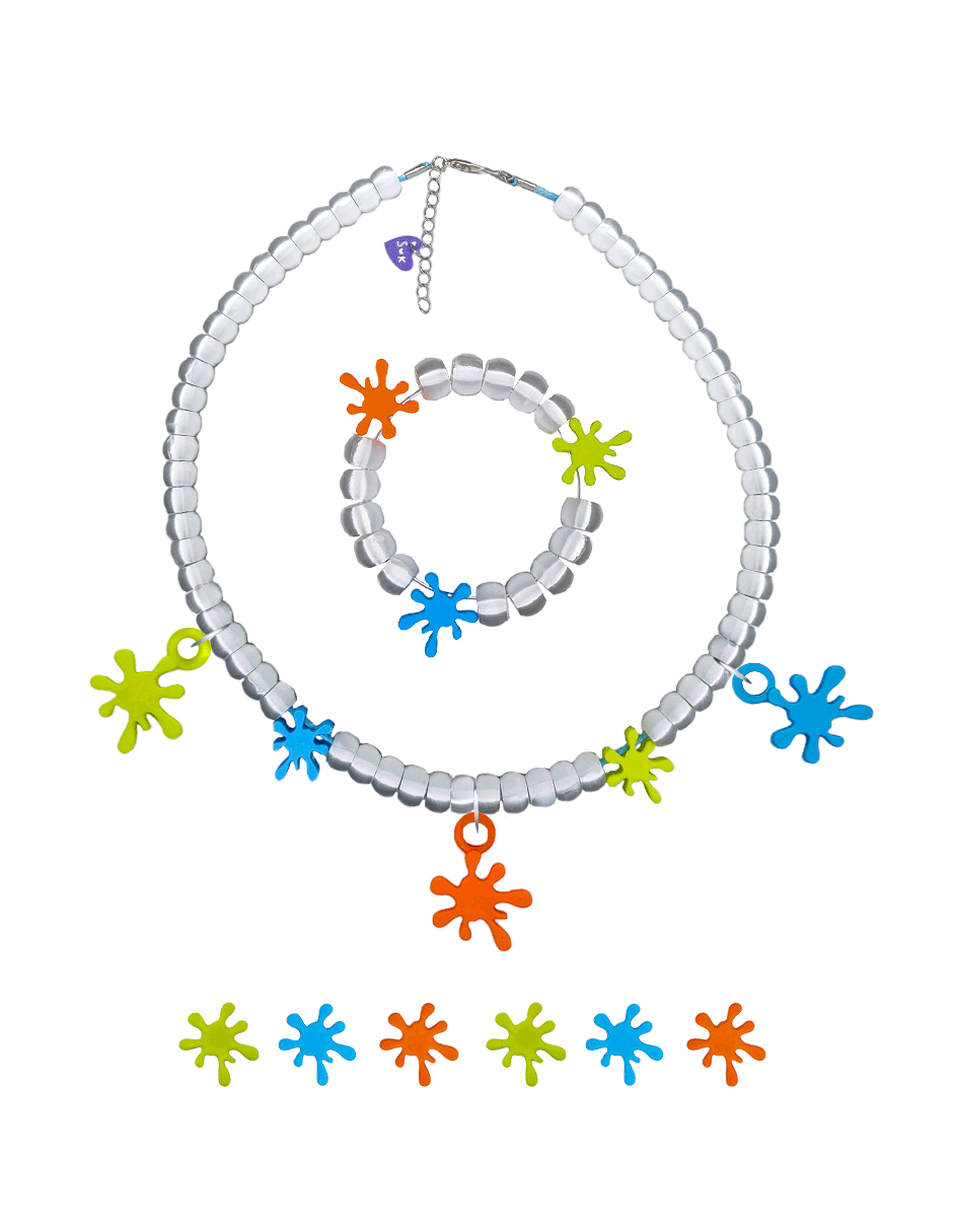 Set splash con pulsera, 3 pares de aretes y collar con charms intercambiables en formas splash colores naranja, verde limon y azul