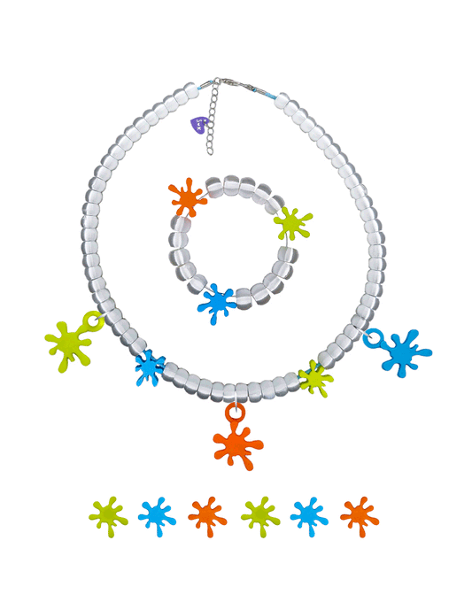 Set splash con pulsera, 3 pares de aretes y collar con charms intercambiables en formas splash colores naranja, verde limon y azul